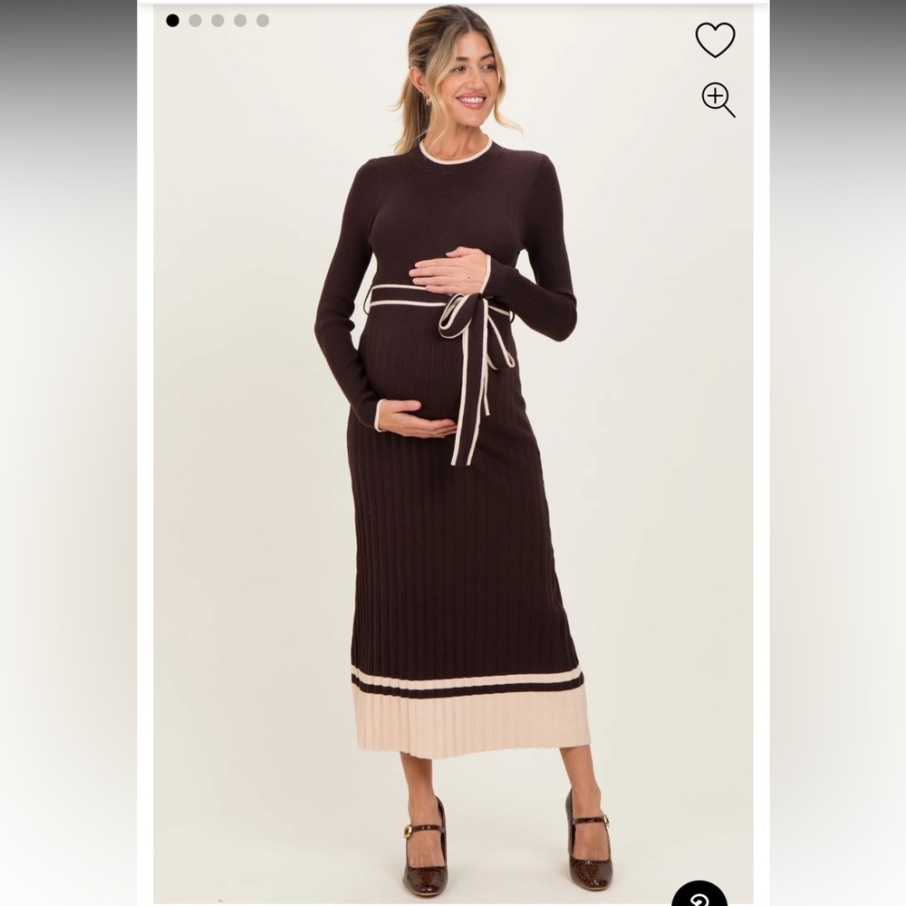 PinkBlush Maternity Brown Ribbed Midi Sweater Dress With Belt size medium
